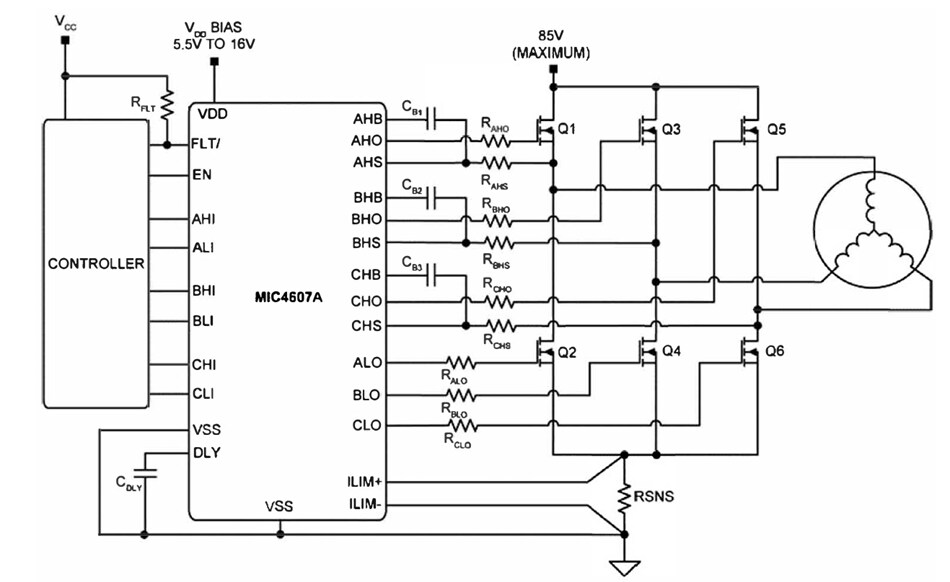 Application Circuit Diagram - Microchip Technology MIC4607A Three-Phase MOSFET Drivers